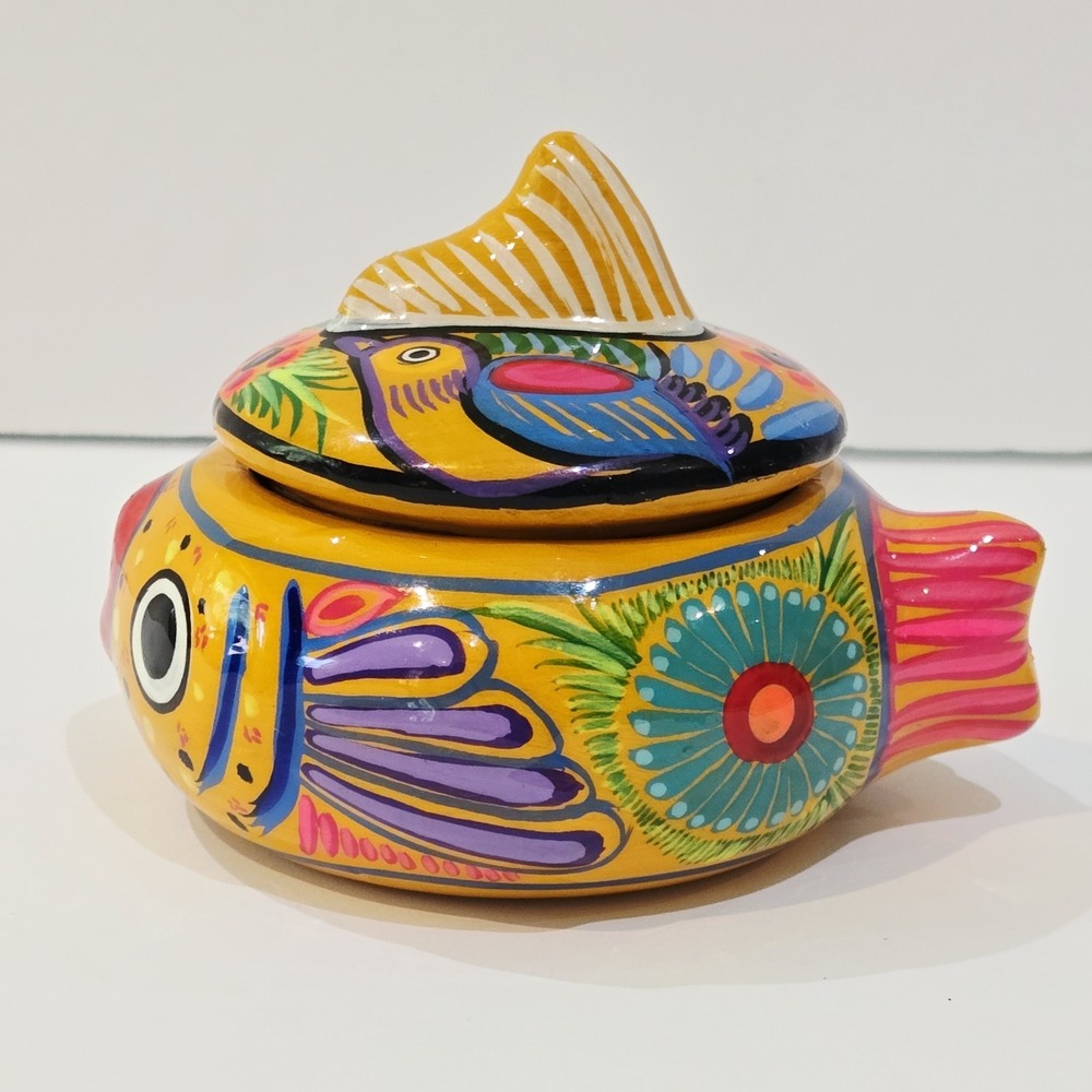Disney Parks Fish Mexican Pottery Hand-Painted With Lid Trinket Box